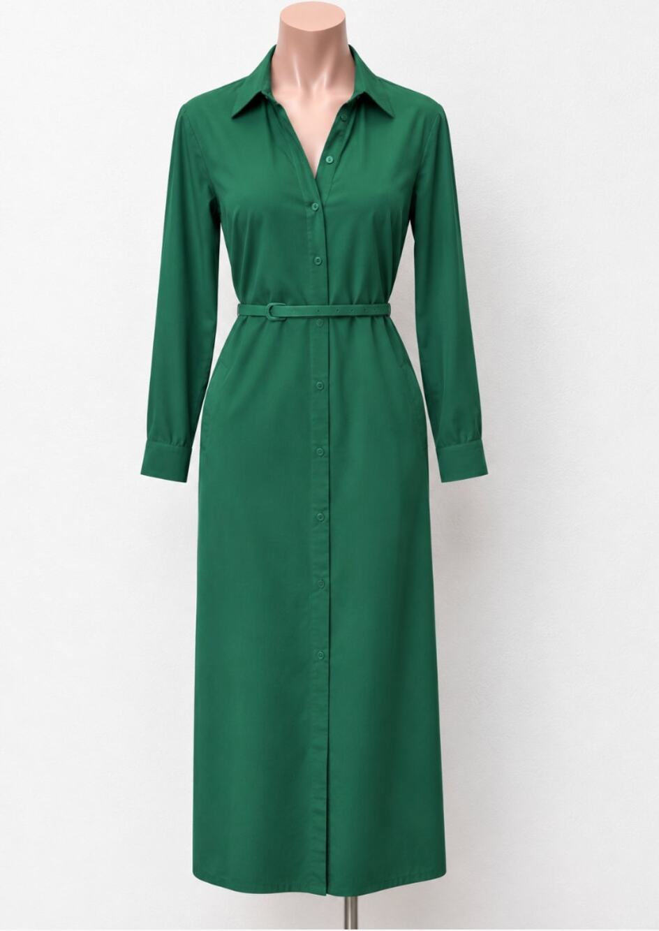 NWT The Row Green Tanita Long Sleeve 3/4 Button Collared Belted Shirtdress L